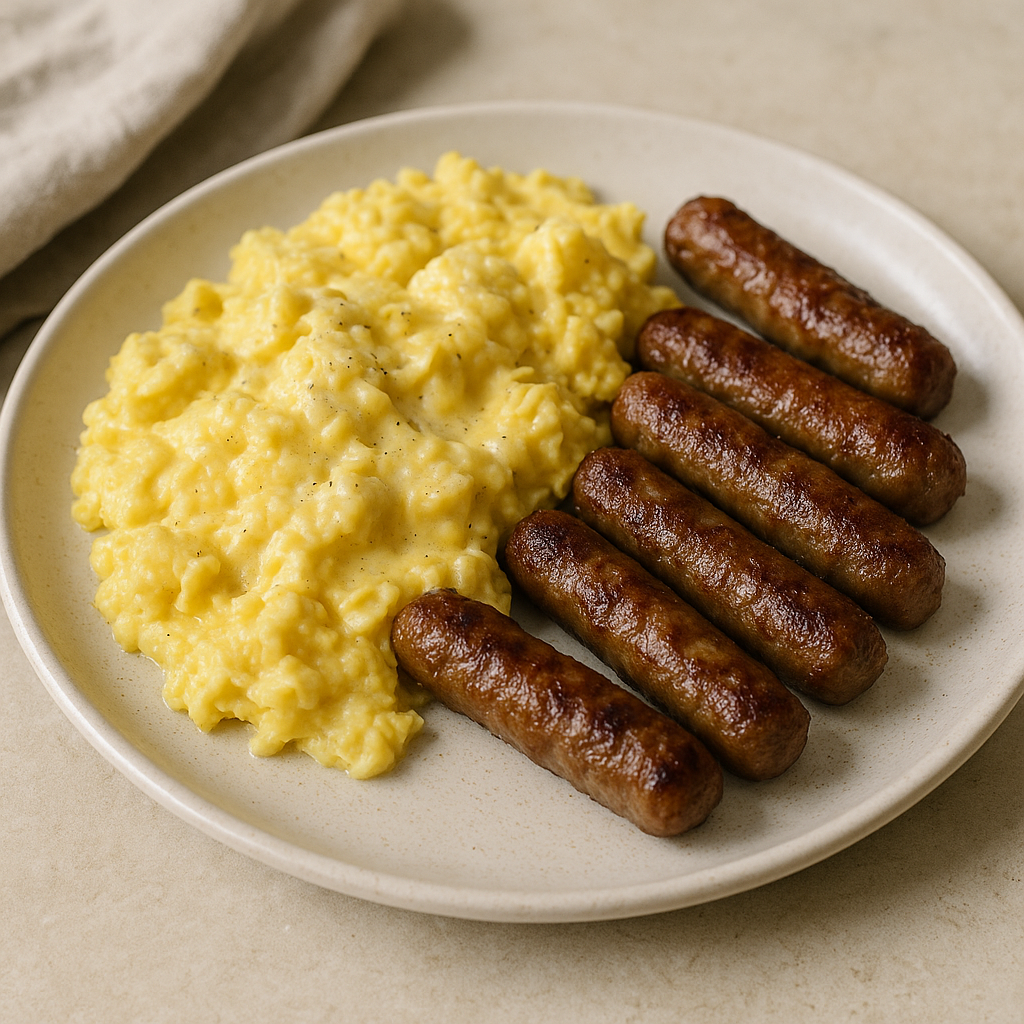 Air Fryer Breakfast Sausage Links with Eggs served on a plate.