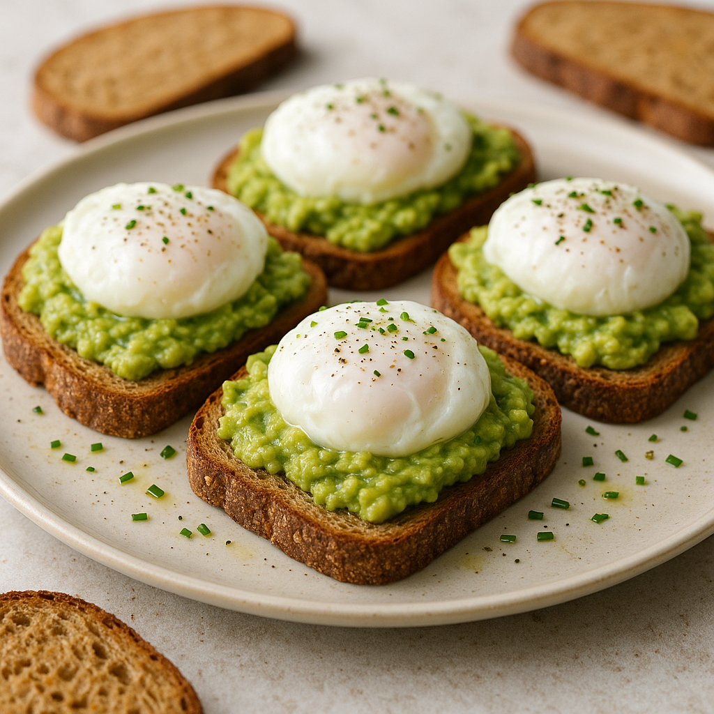 Avocado Breakfast Toast with Poached Eggs served on a plate.