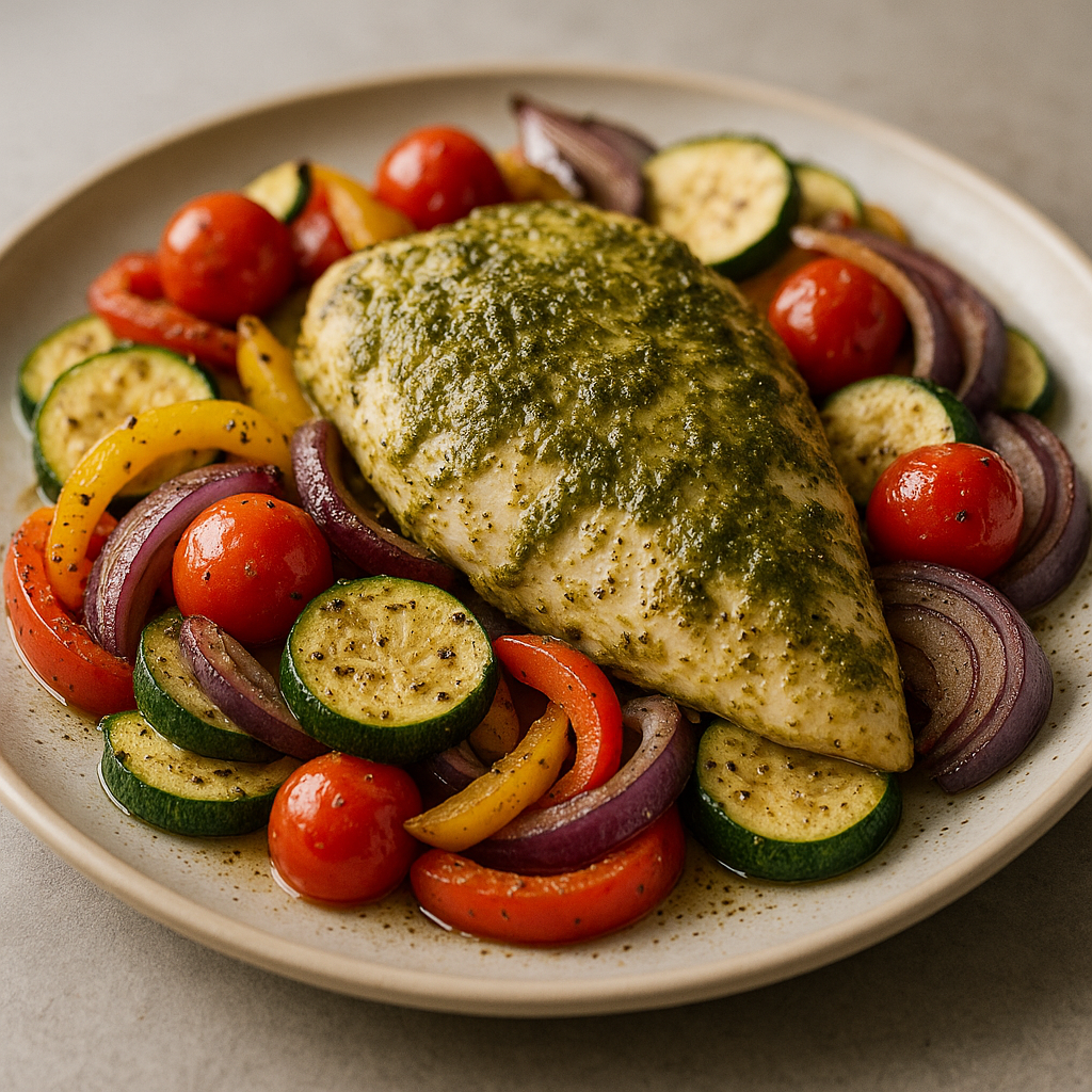 Baked Pesto Chicken with colorful vegetables on a baking sheet.