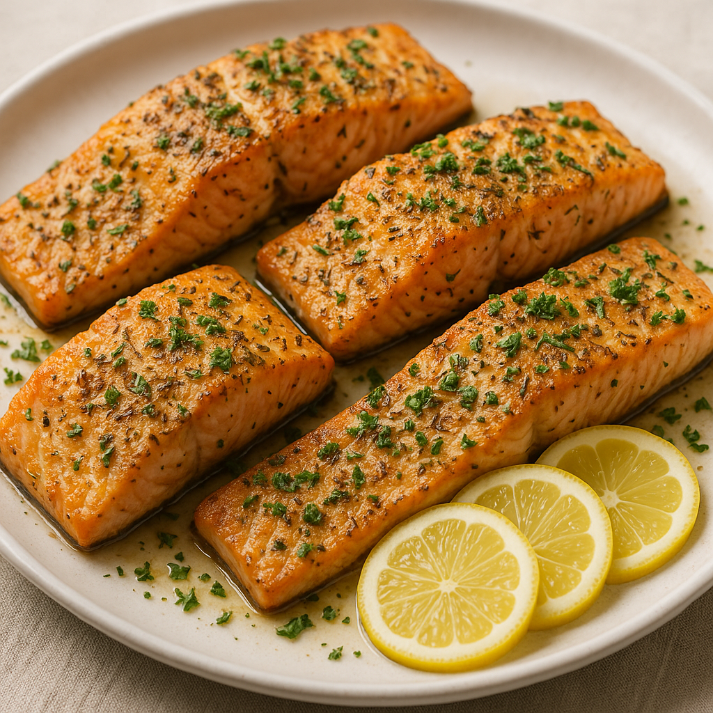 Baked salmon fillets with lemon and herbs on a plate.