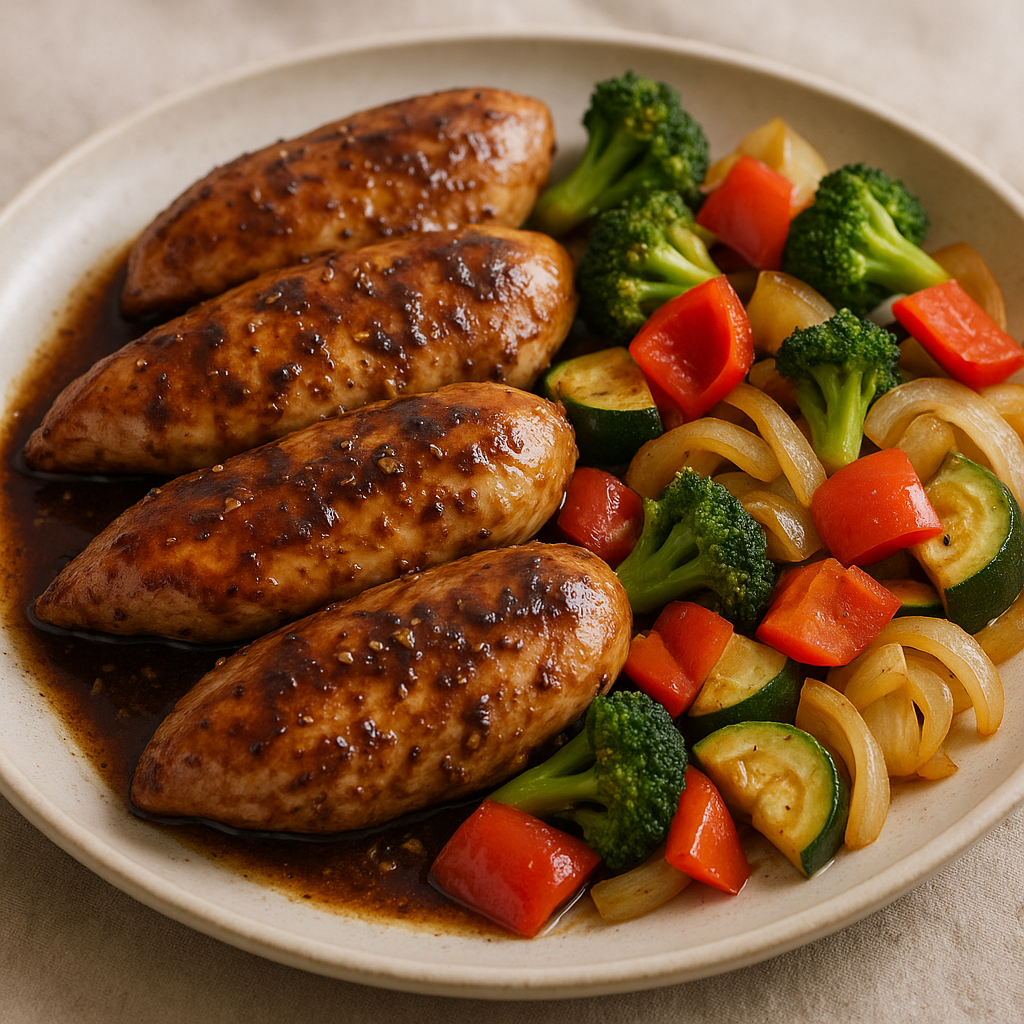 Balsamic Chicken with Roasted Vegetables plated on a table.