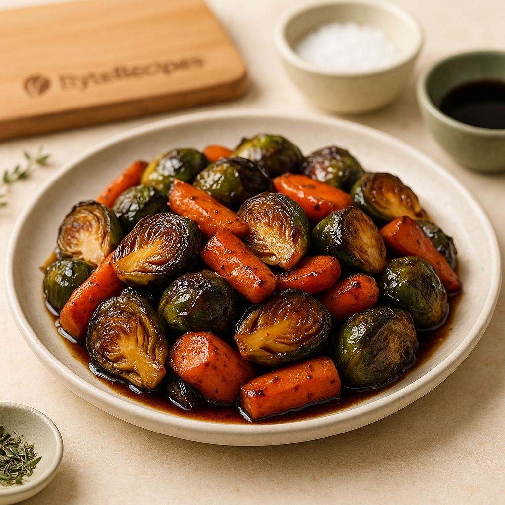 Balsamic Glazed Roasted Brussels Sprouts and Carrots finished dish