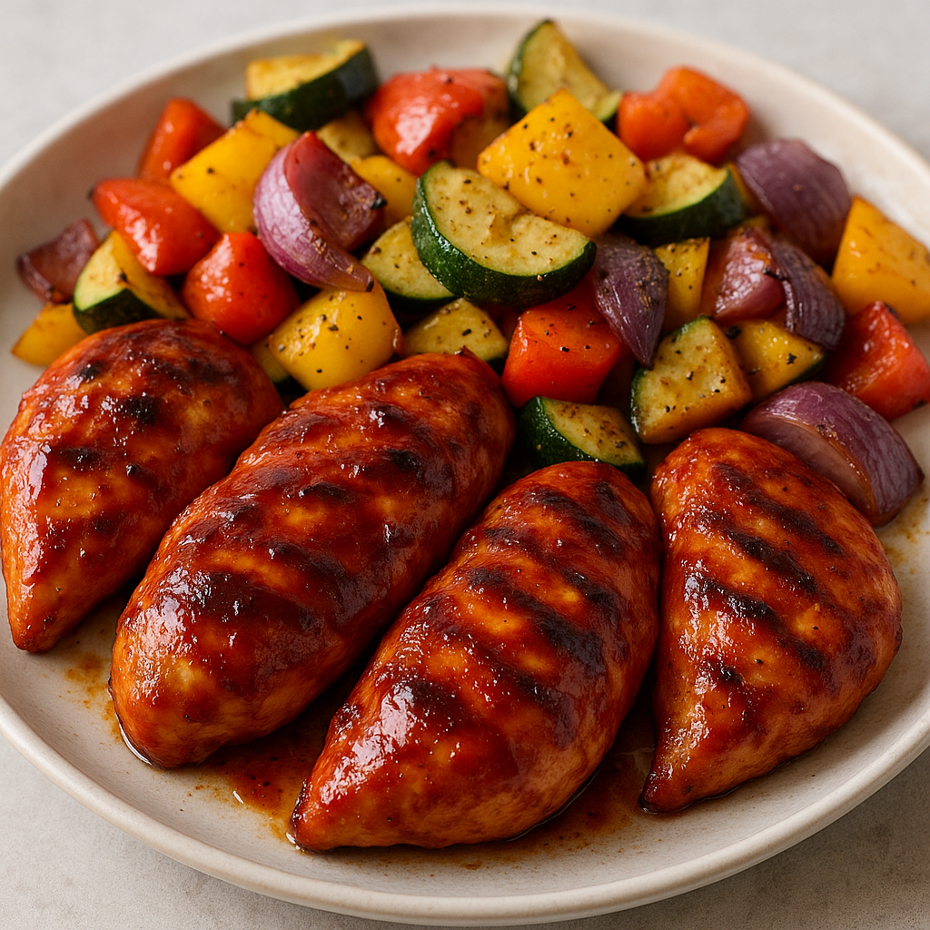 Grilled BBQ chicken and colorful vegetables on a plate.
