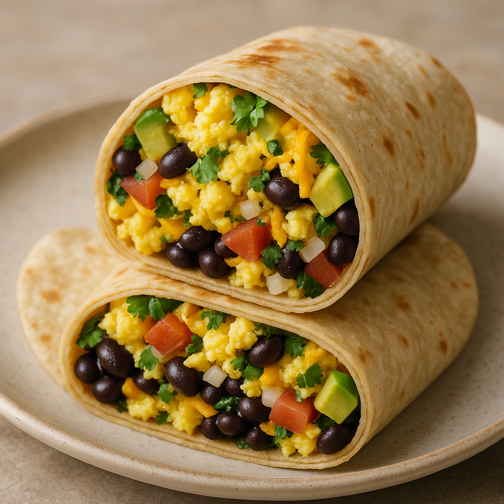 Delicious breakfast burrito filled with eggs, beans, and avocado.