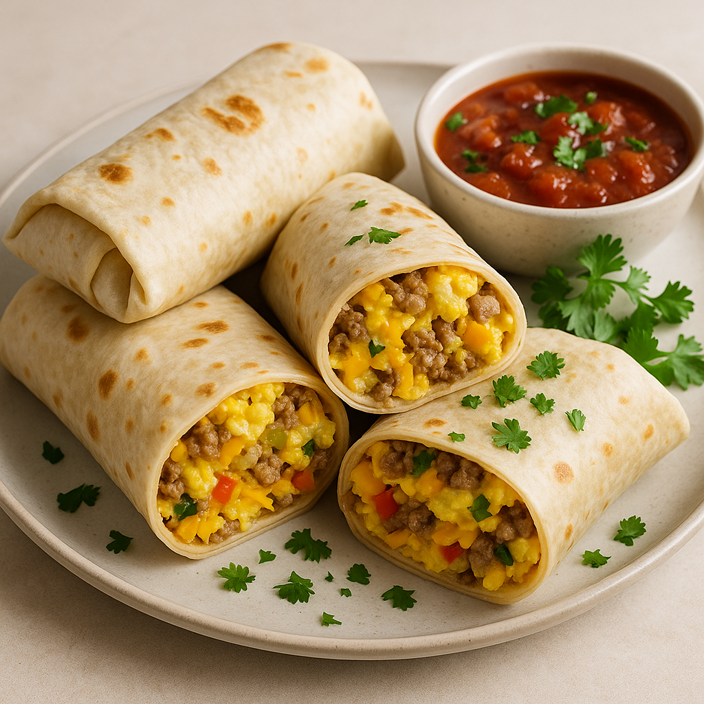 Delicious breakfast burritos filled with eggs and cheese.
