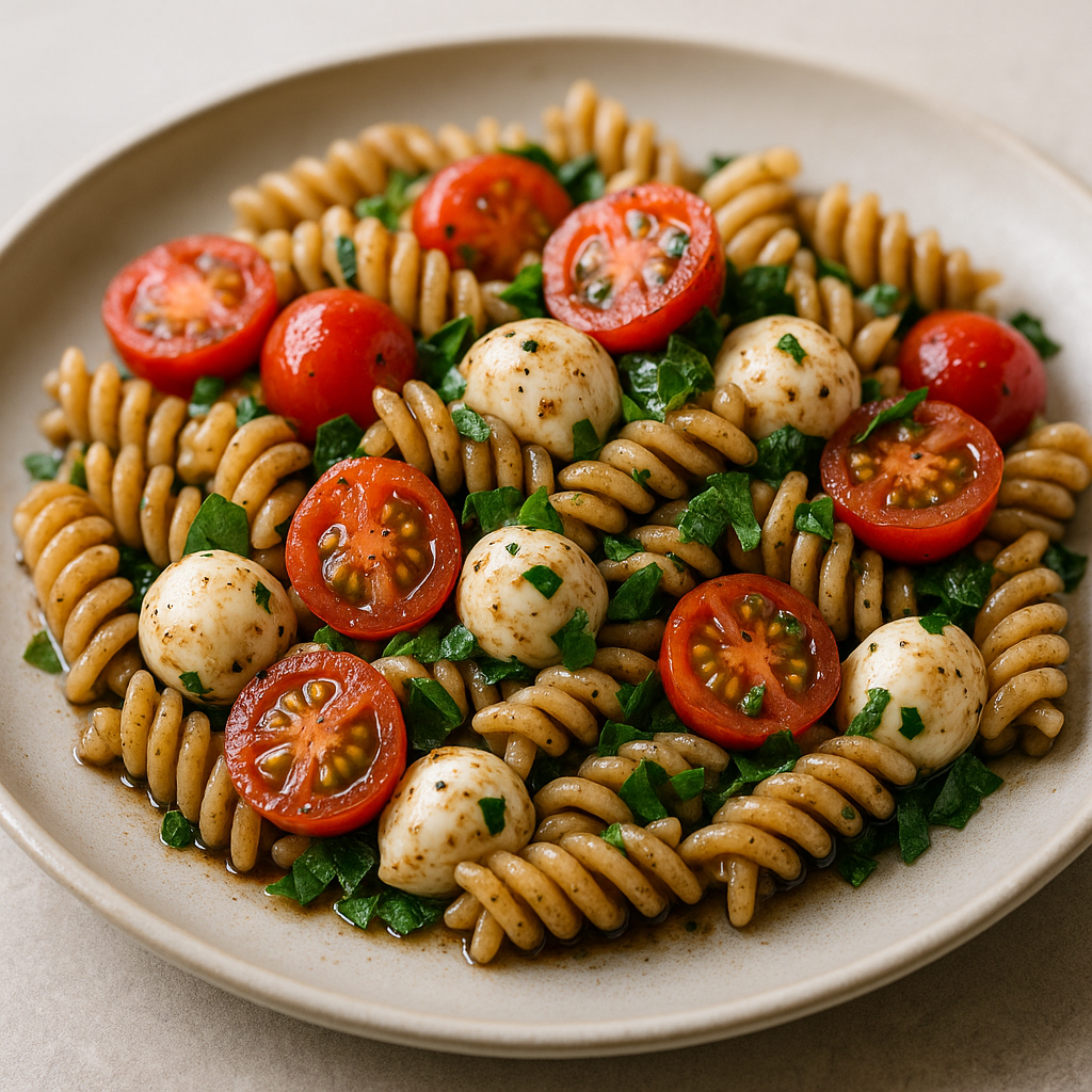 A vibrant plate of Caprese Pasta Salad with cherry tomatoes and mozzarella.
