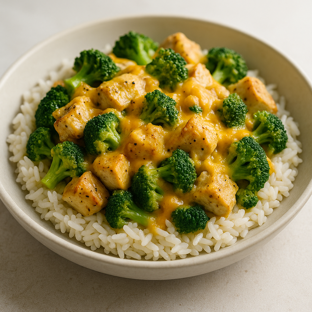 Cheesy Broccoli Chicken Rice Bowl served in a bowl with a fork.