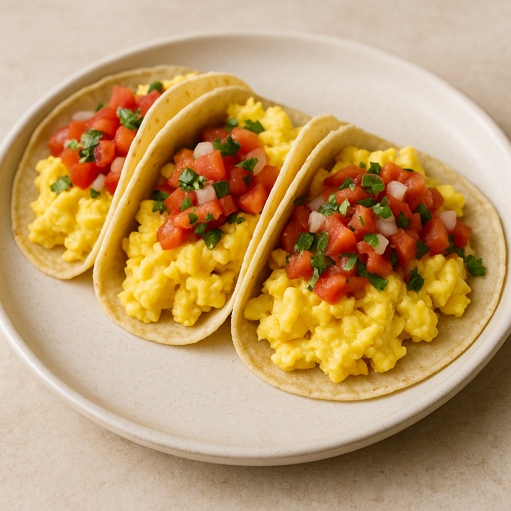 Classic Breakfast Tacos with Eggs and Salsa on a plate.