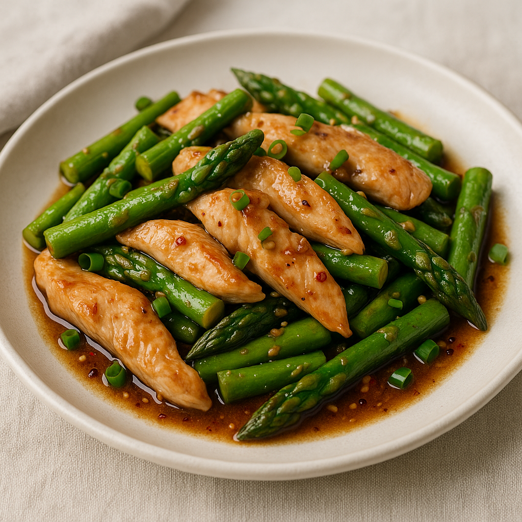 Classic Chicken and Asparagus Stir-Fry served in a bowl.