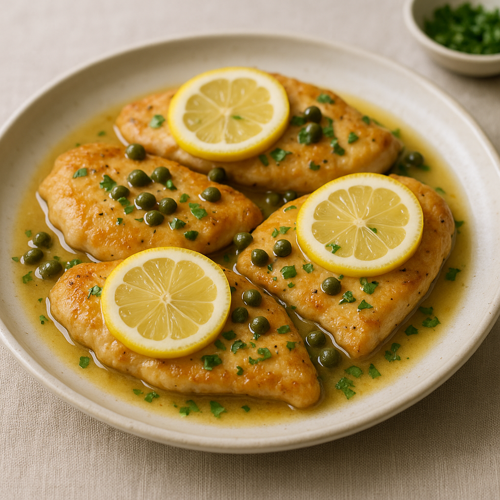 Plate of Classic Chicken Piccata with Lemon and Capers garnished with parsley and lemon slices.