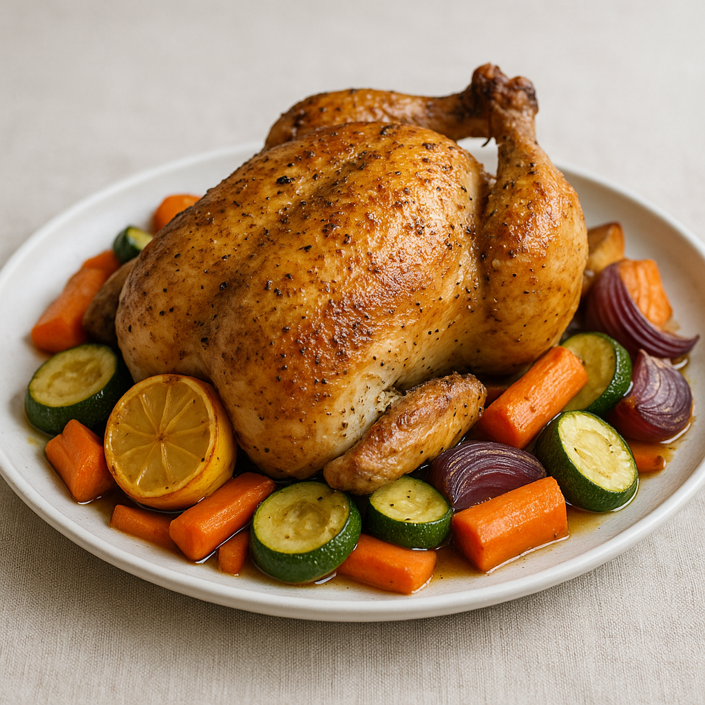 Roast chicken with seasonal vegetables on a platter.