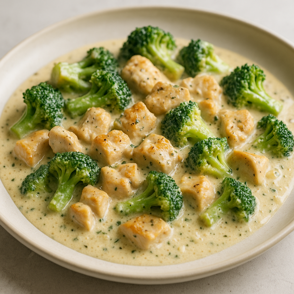 Creamy Garlic Parmesan Chicken and Broccoli Skillet served in a skillet.