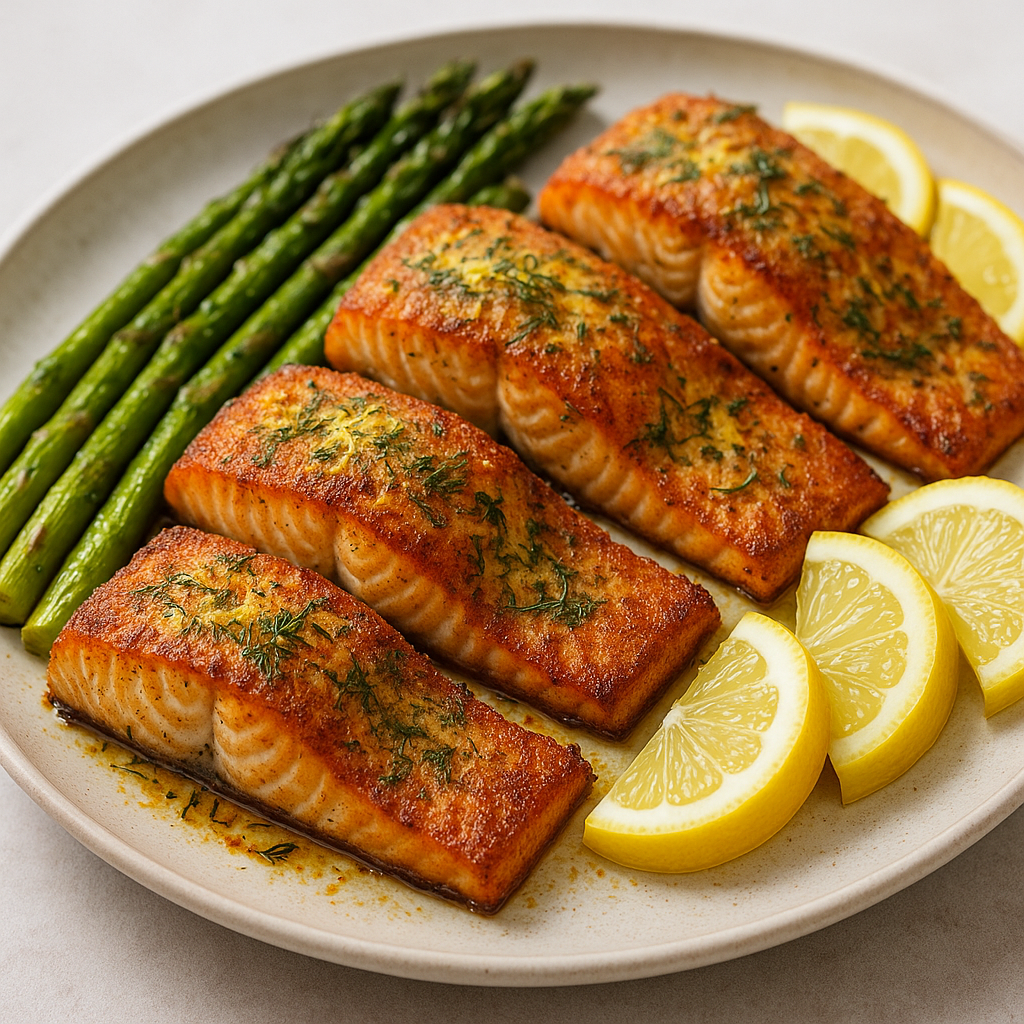 Crispy Baked Lemon Dill Salmon served with roasted asparagus.