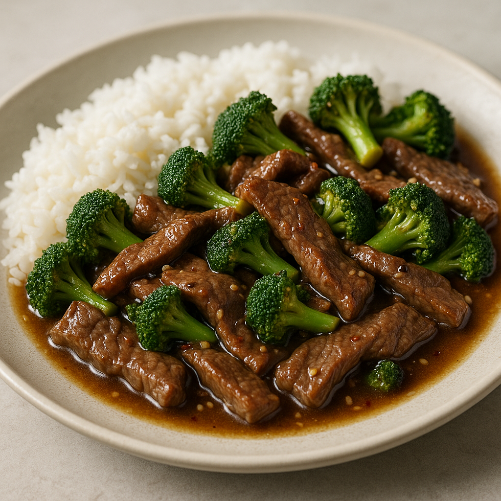 Easy Beef Stir-Fry with Broccoli and Rice plated on a table.