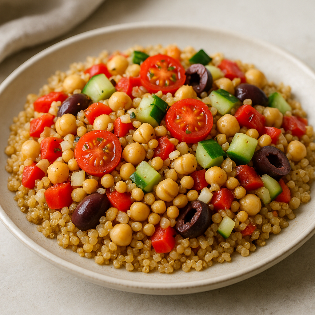 One pot Mediterranean quinoa bowl with vegetables and feta cheese.