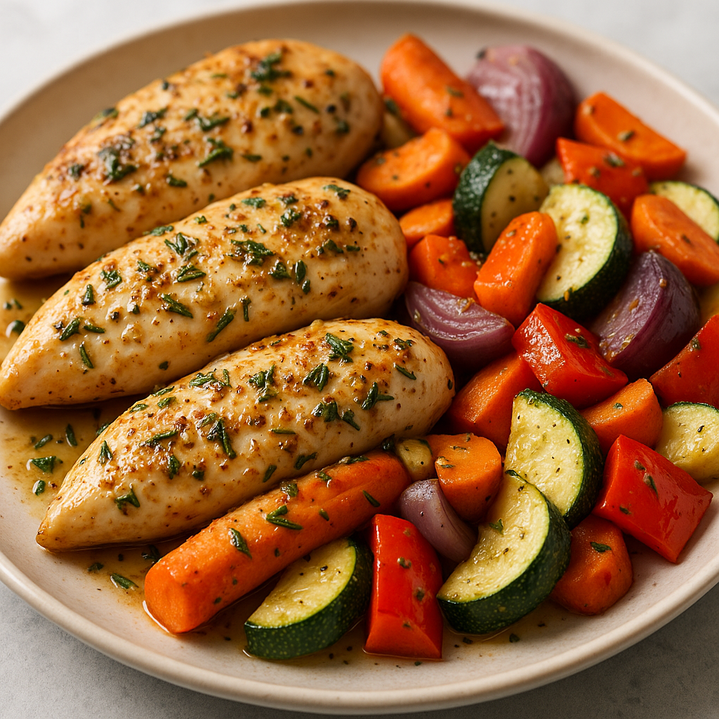 Garlic Herb Chicken with Roasted Vegetables on a plate.