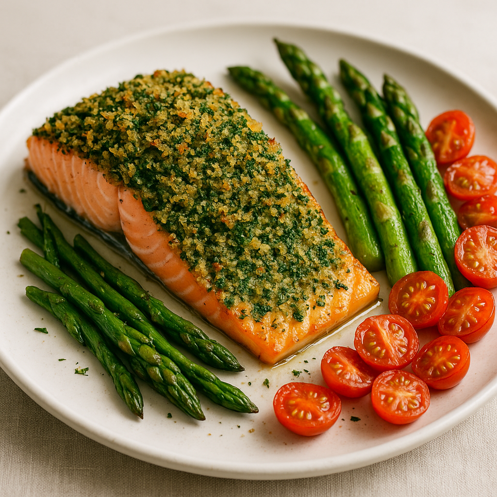 Herb-Crusted Baked Salmon with Spring Vegetables on a plate.