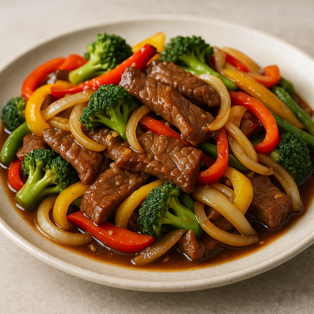 Beef and vegetable stir-fry served over rice.