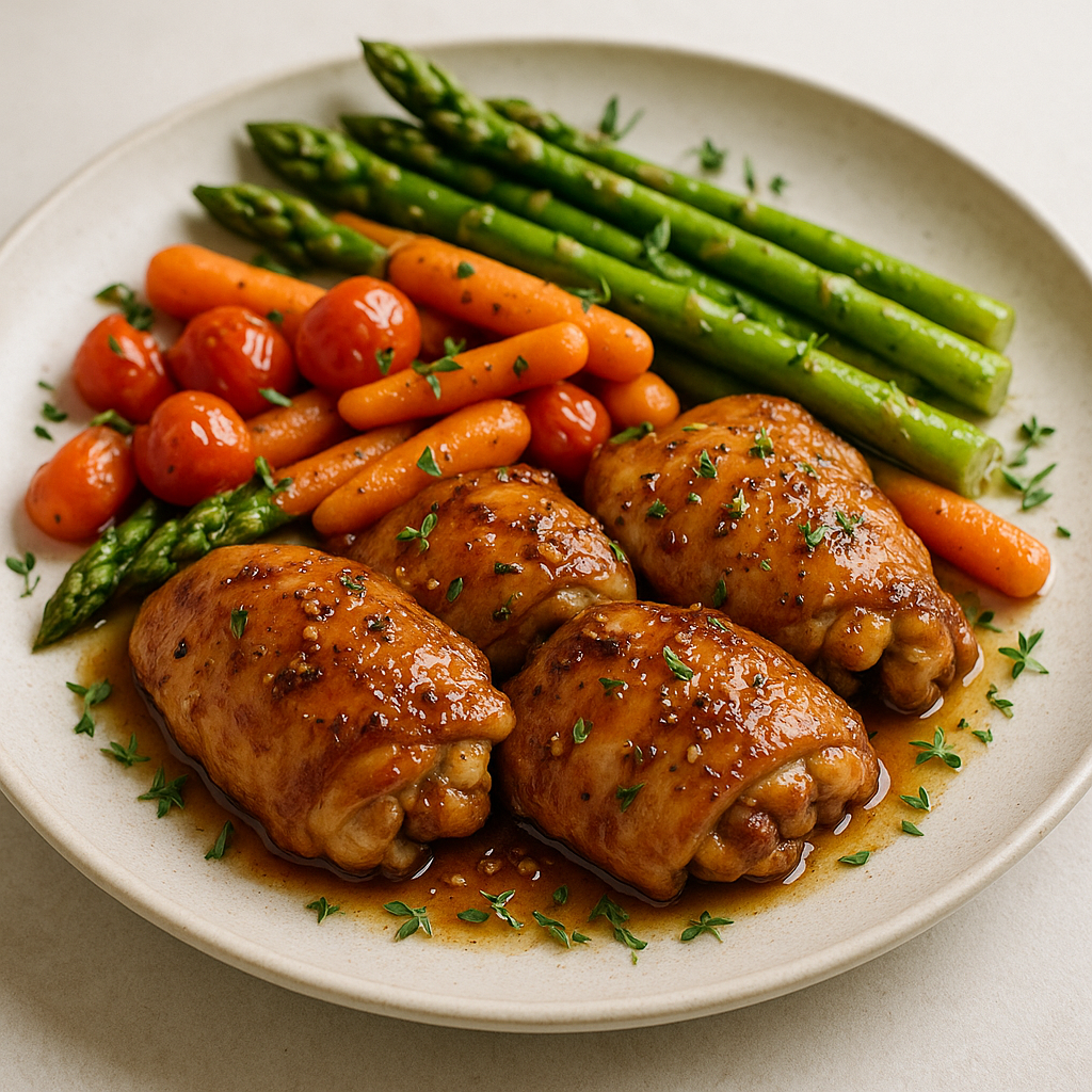 Honey Garlic Chicken with Roasted Spring Vegetables on a plate.