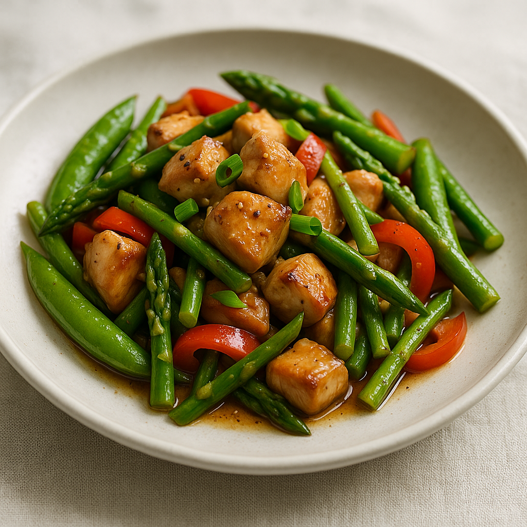 Honey Garlic Chicken with Spring Vegetables served in a bowl.