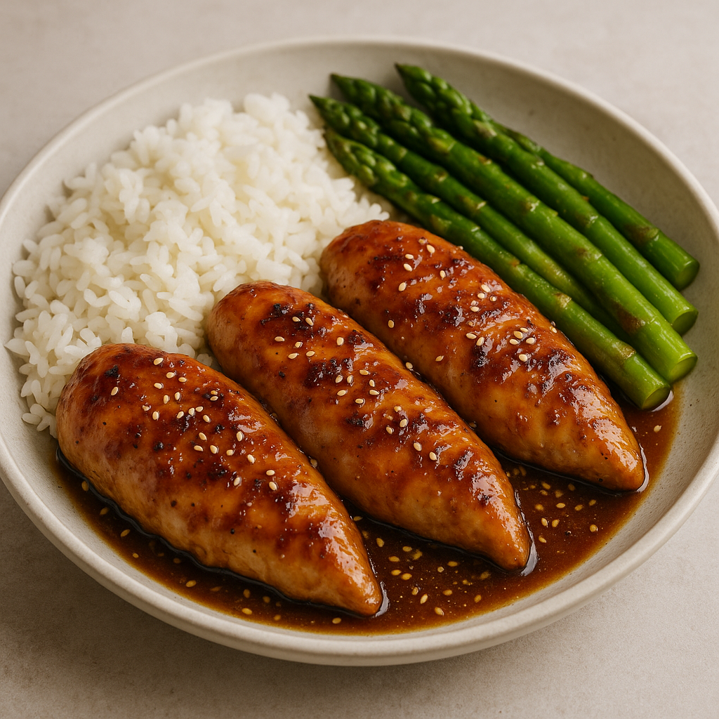 Honey Garlic Glazed Chicken with Asparagus and Rice plated on a white dish.