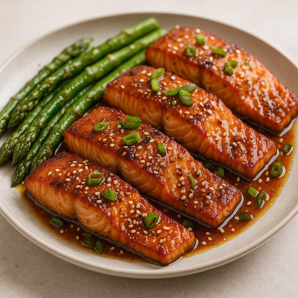 Honey Garlic Glazed Salmon with Asparagus on a plate