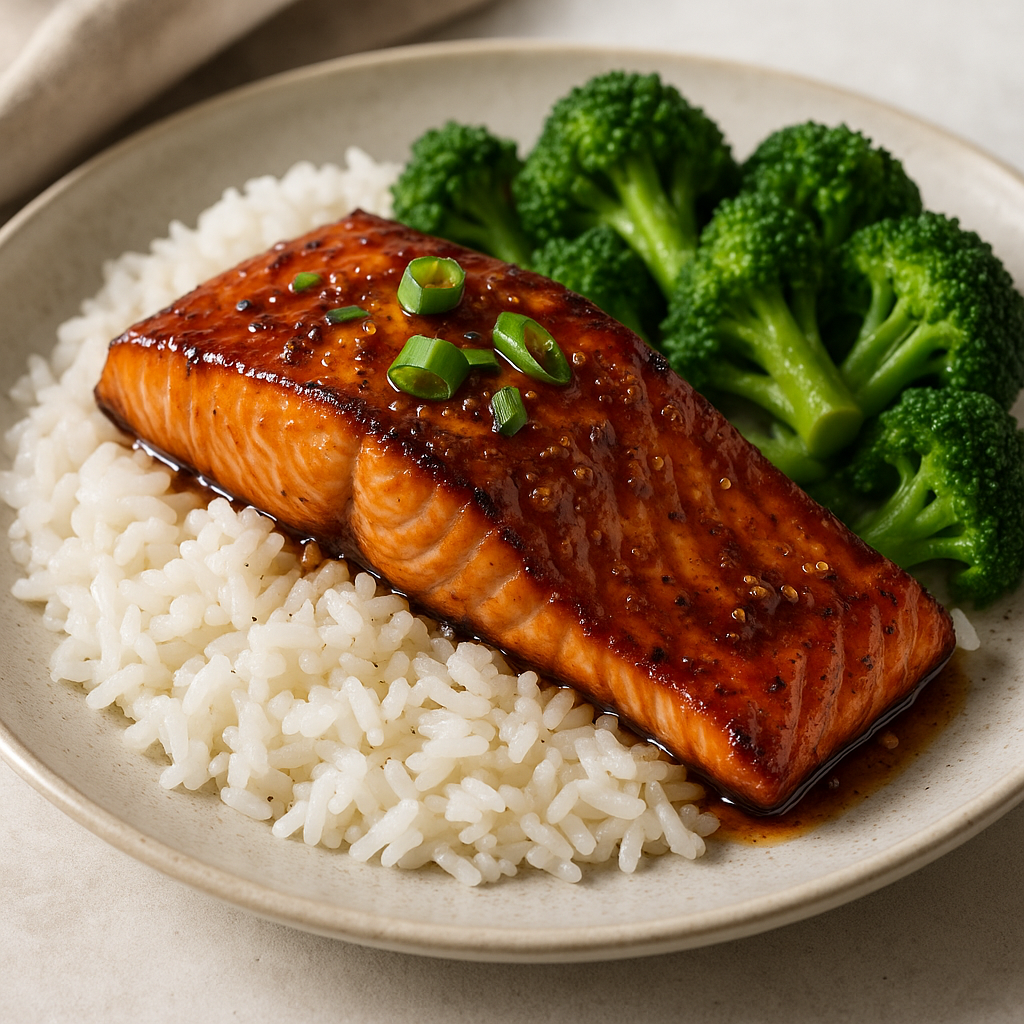Honey Soy Glazed Salmon with Rice and Broccoli dish on a plate.