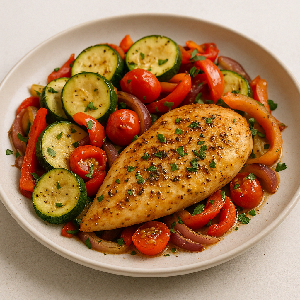 Lemon Garlic Chicken served with colorful seasonal vegetables.