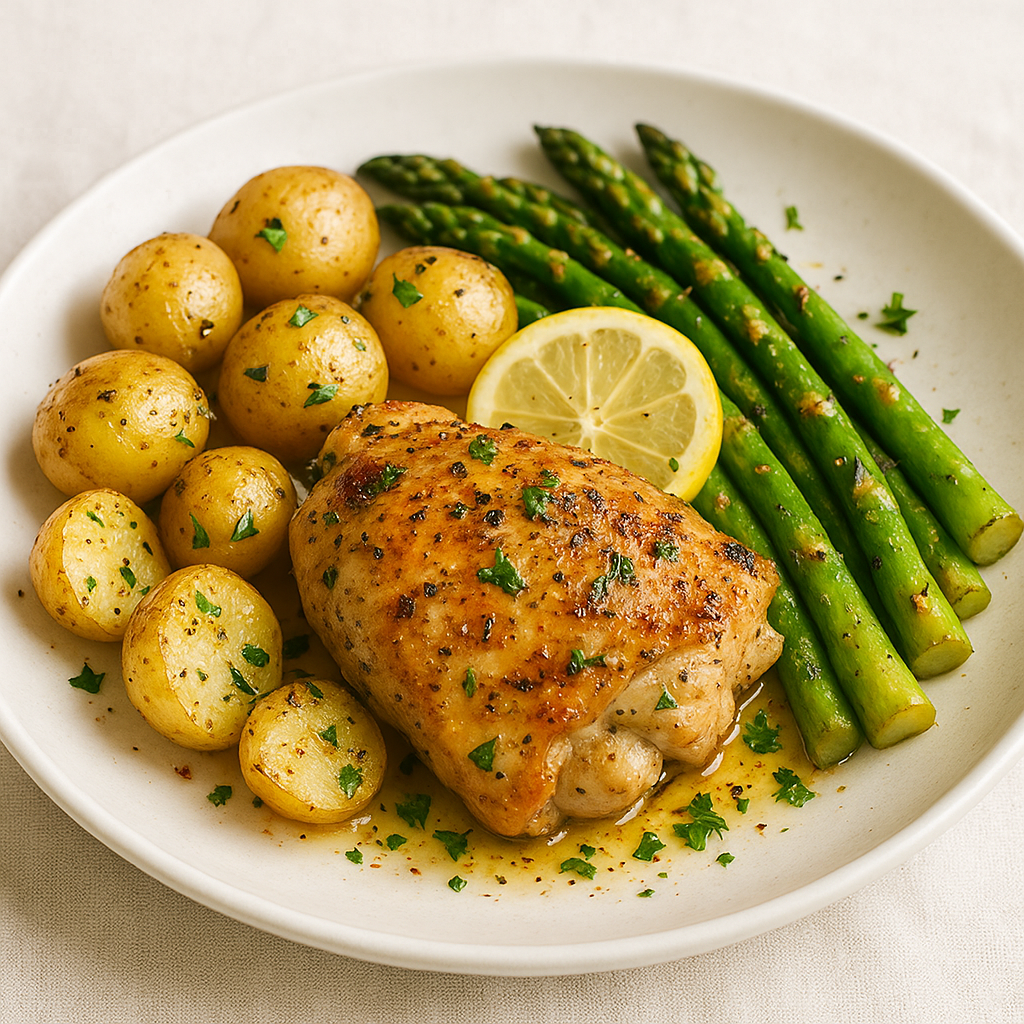 Lemon Garlic Chicken served with Asparagus and Roasted Potatoes.