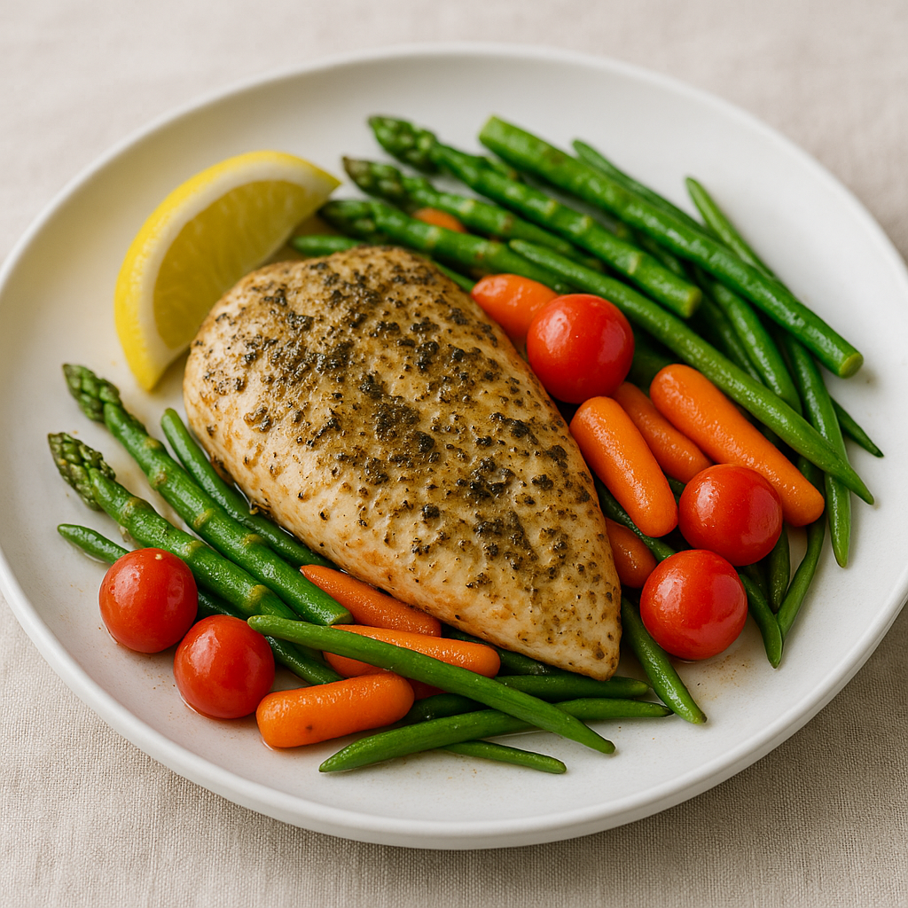 Grilled Lemon Herb Chicken with Spring Vegetables on a plate.