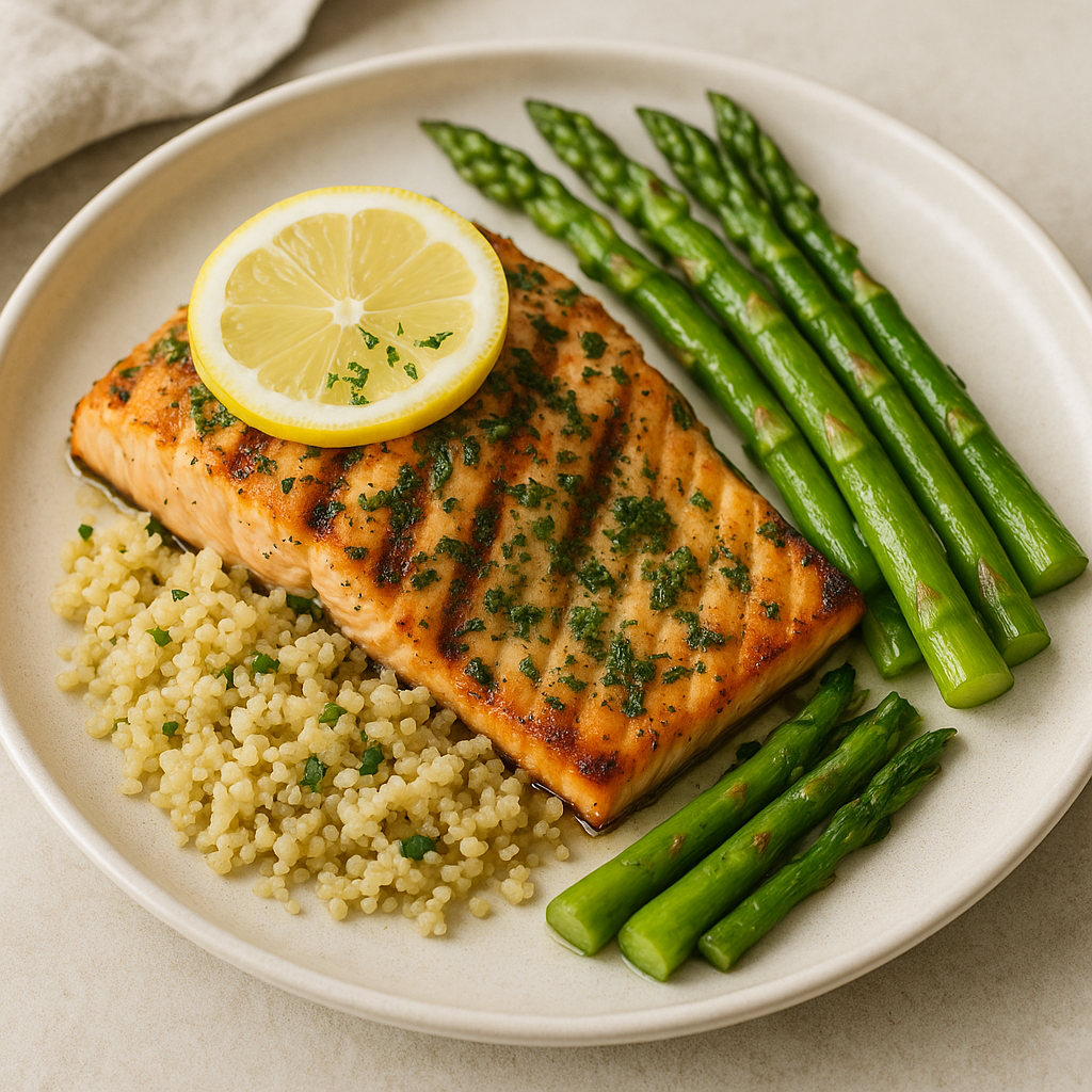 Grilled salmon fillet with asparagus and quinoa on a plate.
