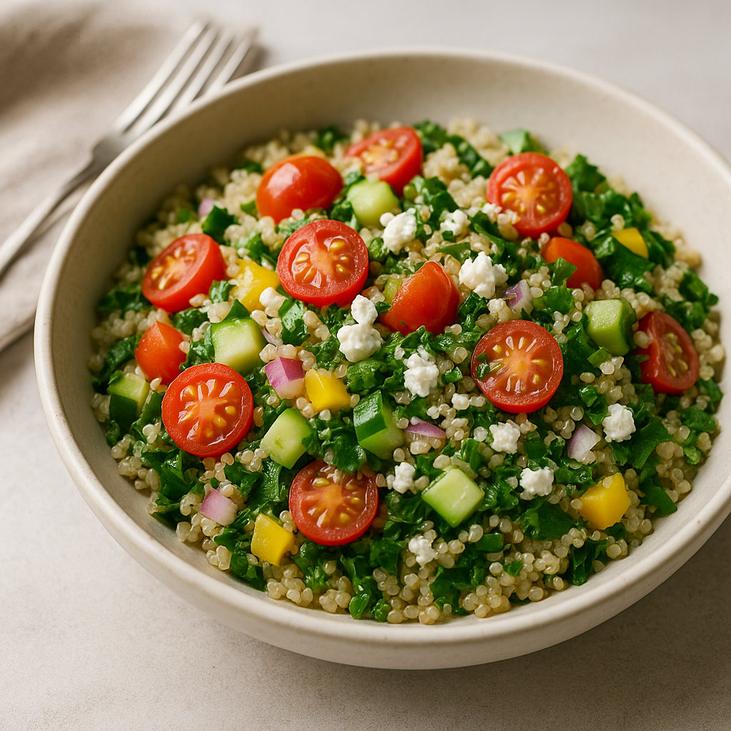 A colorful quinoa breakfast bowl with fresh vegetables and feta cheese.