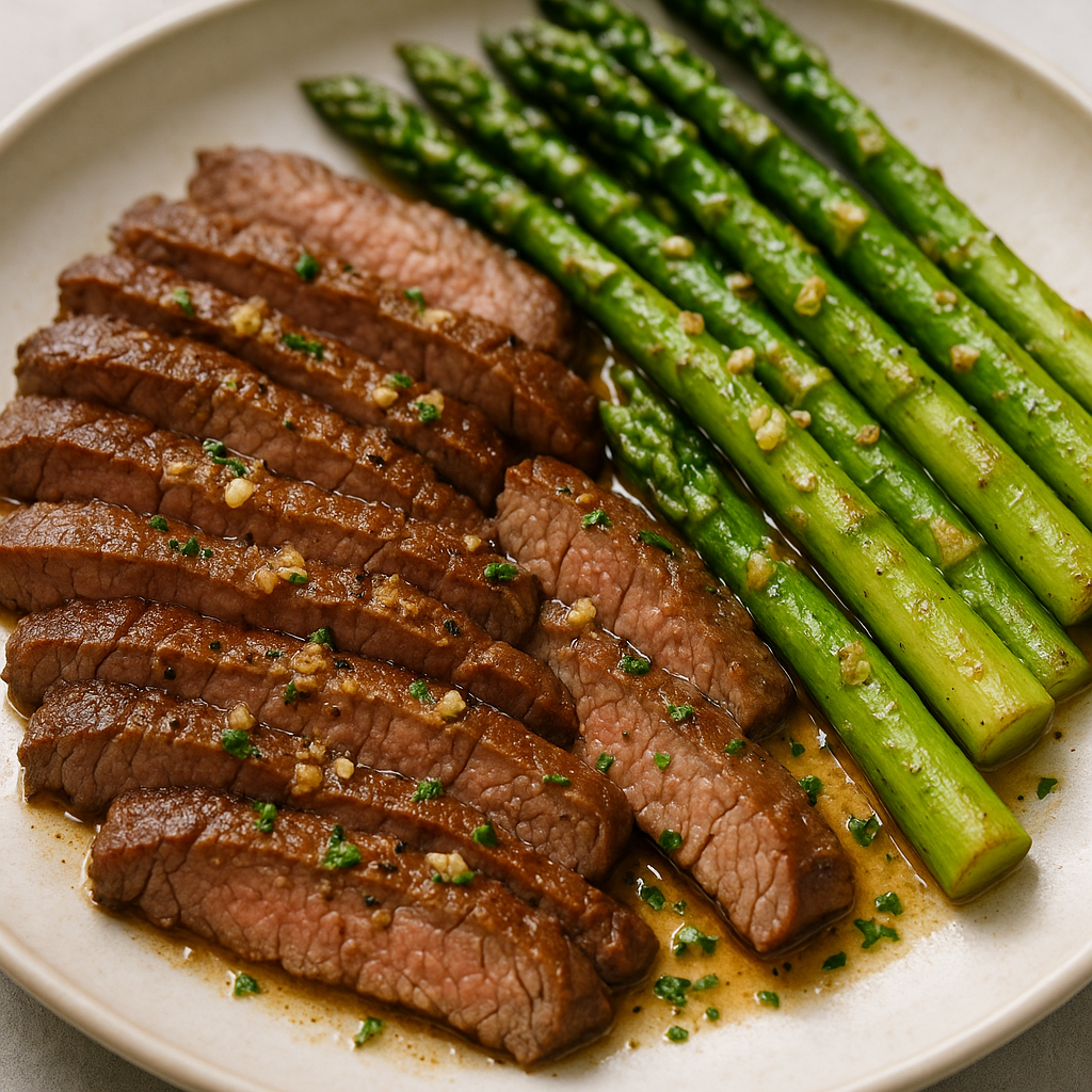 One-Pan Garlic Butter Steak and Asparagus on a plate