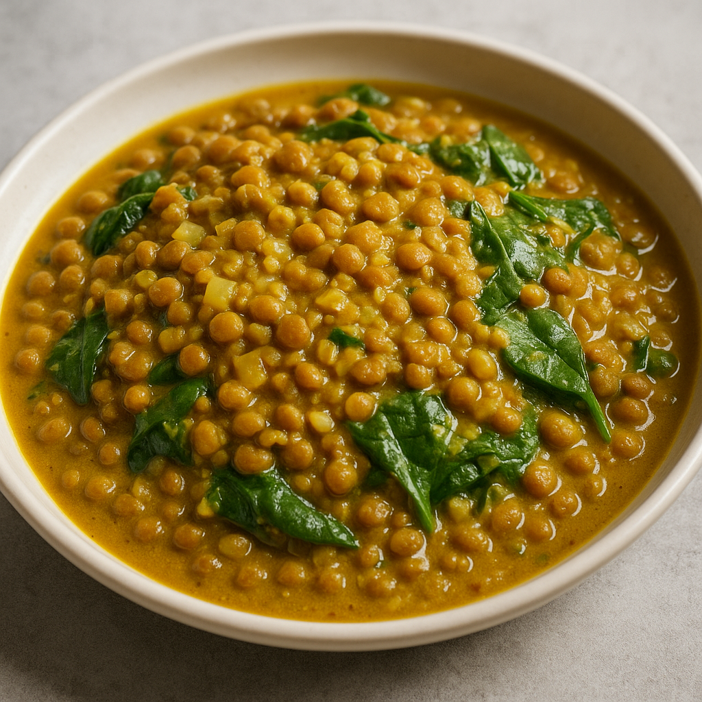 A bowl of Savory Coconut Curry Lentils with Spinach garnished with cilantro.