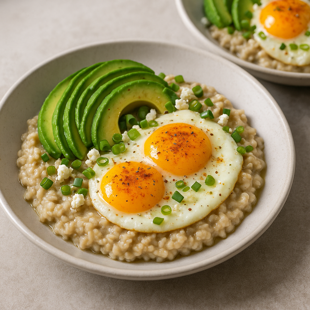 Savory oatmeal breakfast bowl topped with eggs and avocado.