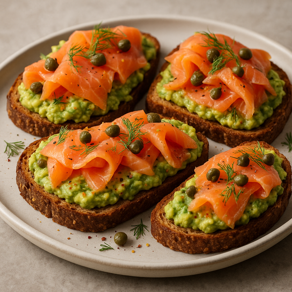 Savory Smoked Salmon and Avocado Breakfast Toast on a plate.
