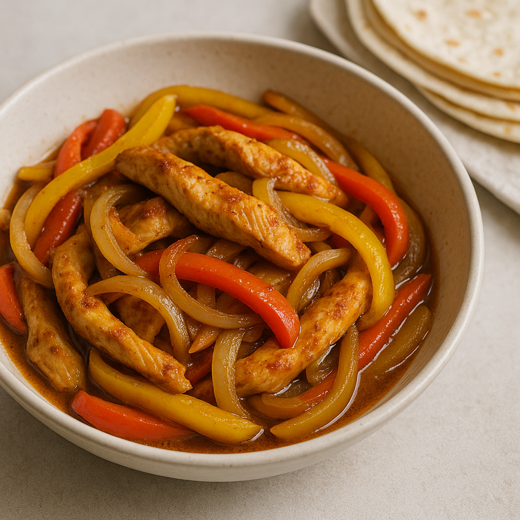 Delicious sheet pan chicken fajitas with peppers and onions served in tortillas.