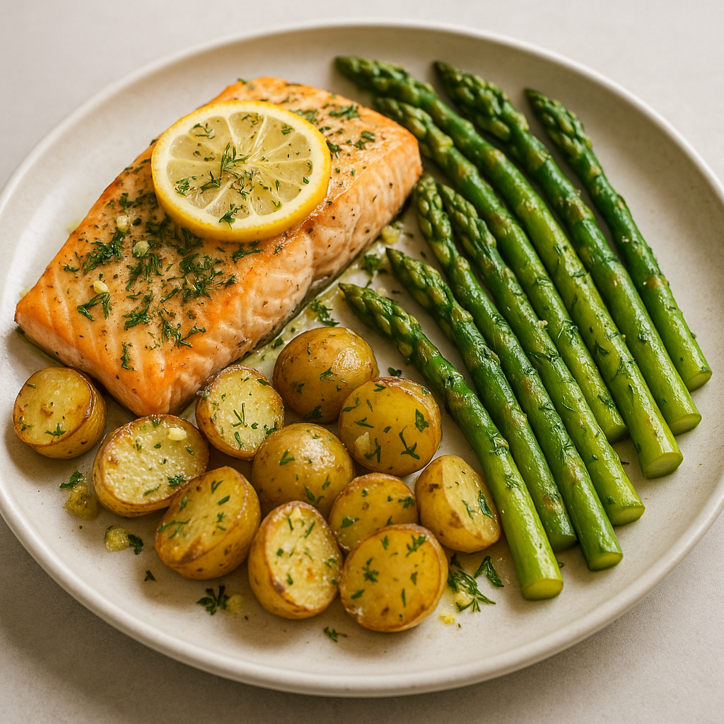 Sheet Pan Lemon Dill Salmon with Asparagus and Potatoes