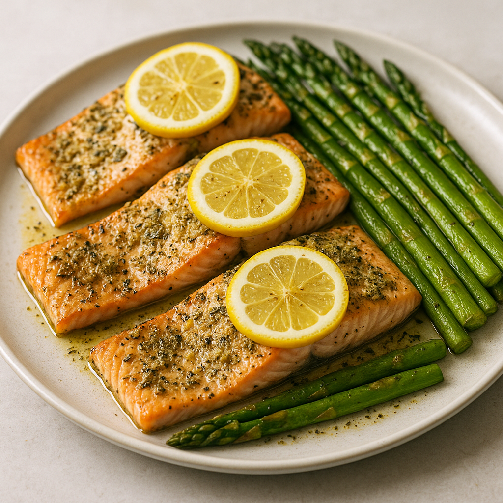Sheet Pan Lemon Herb Salmon and Asparagus plated with lemon slices.