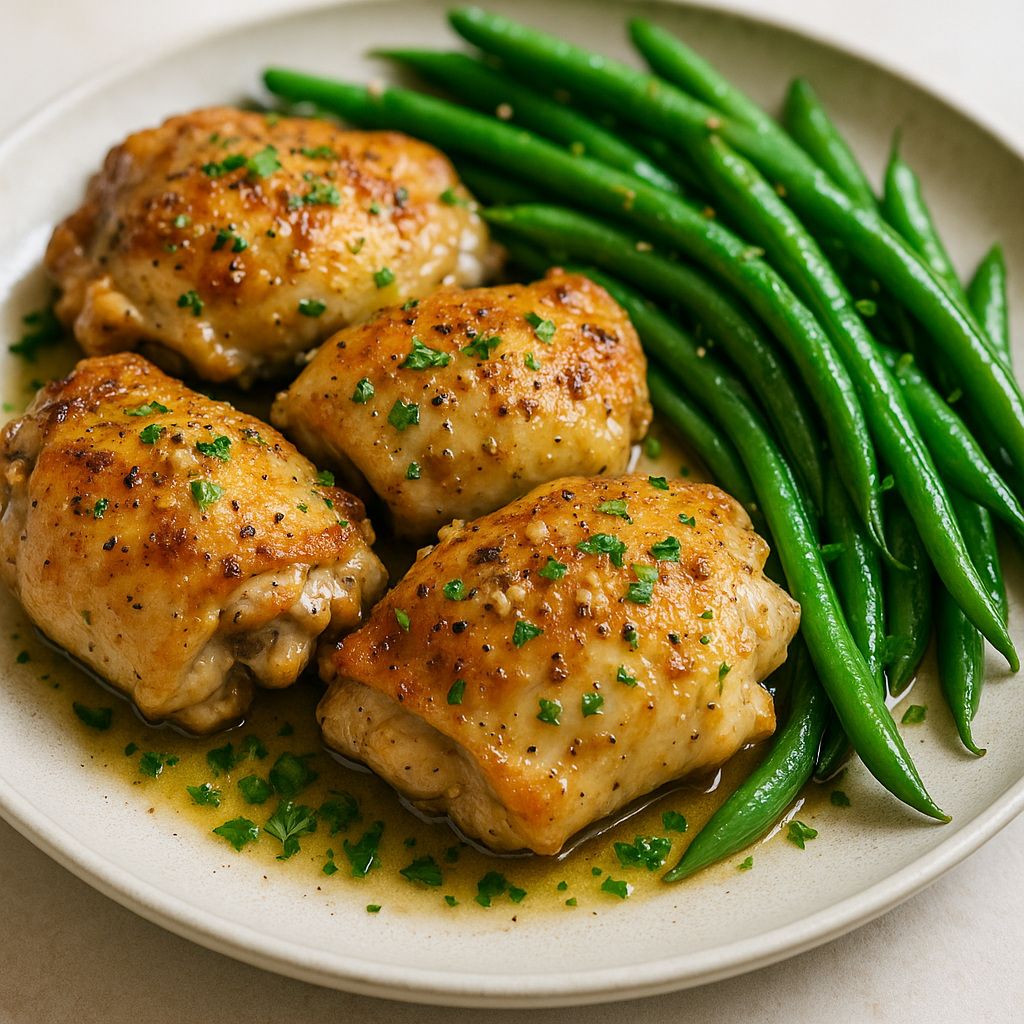Garlic Butter Chicken Thighs served with Green Beans