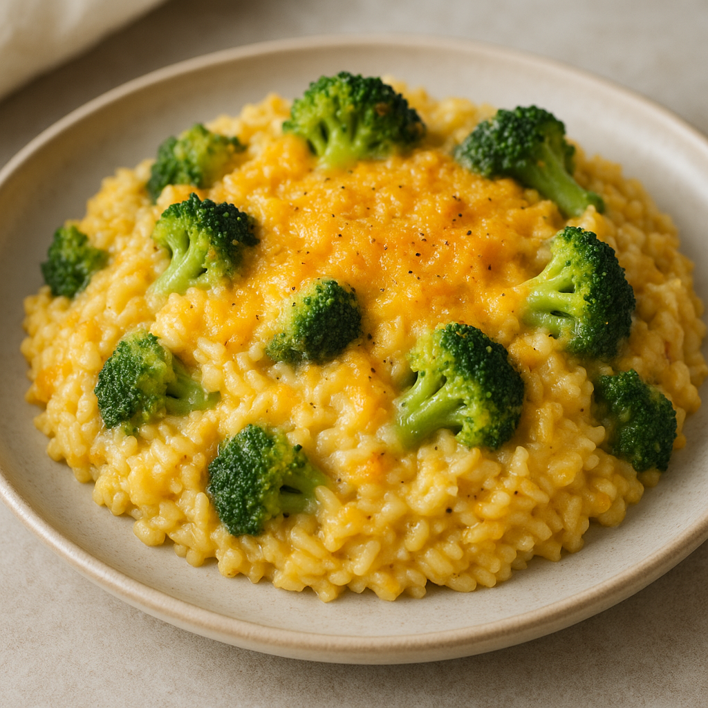 One-Pot Cheesy Broccoli and Rice Casserole in a serving bowl.
