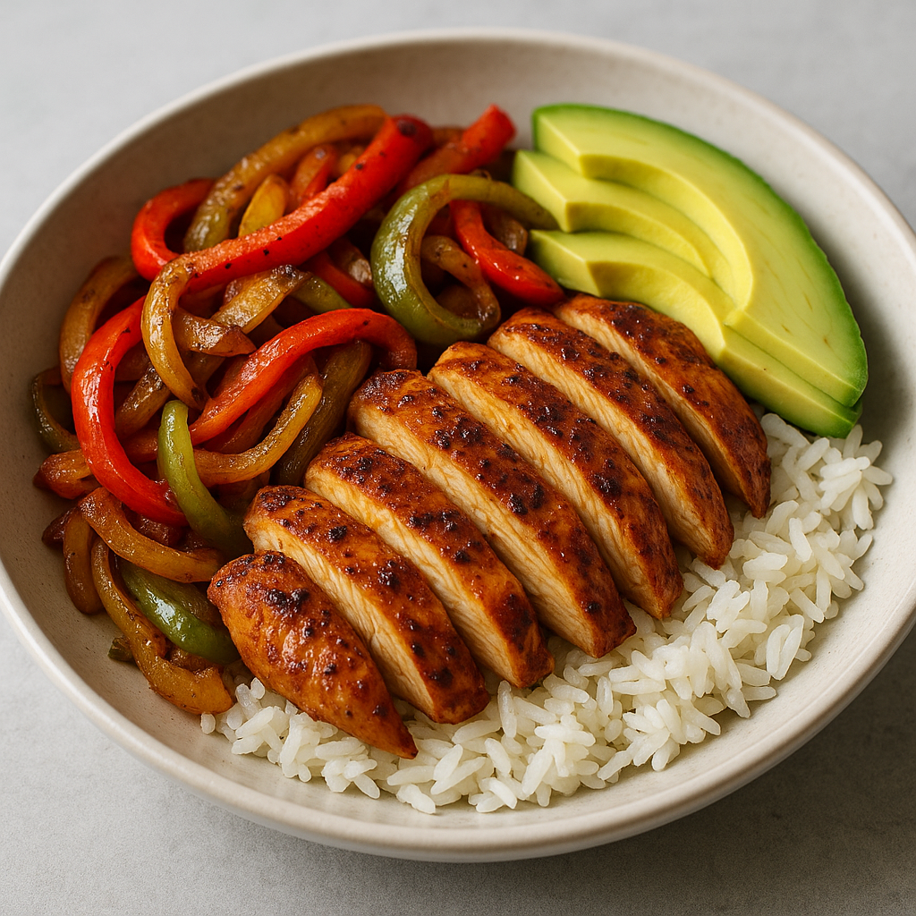 Sizzling Chicken Fajita Rice Bowl with vibrant vegetables and avocado