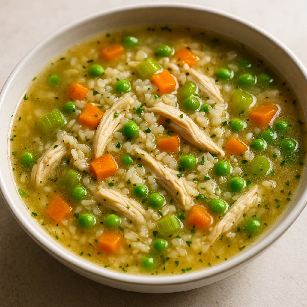 Bowl of slow cooker chicken and rice soup with vegetables.