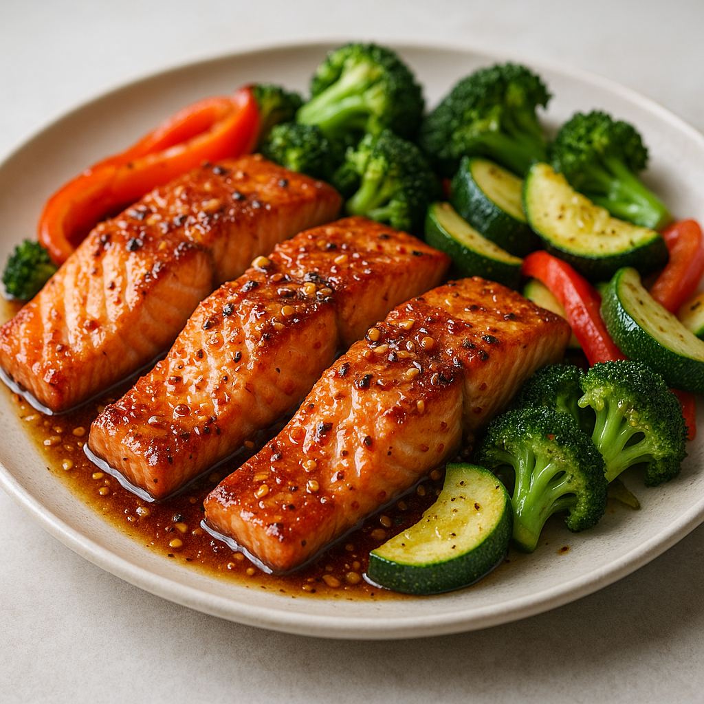 Spicy Honey Garlic Salmon with Veggies served on a plate.