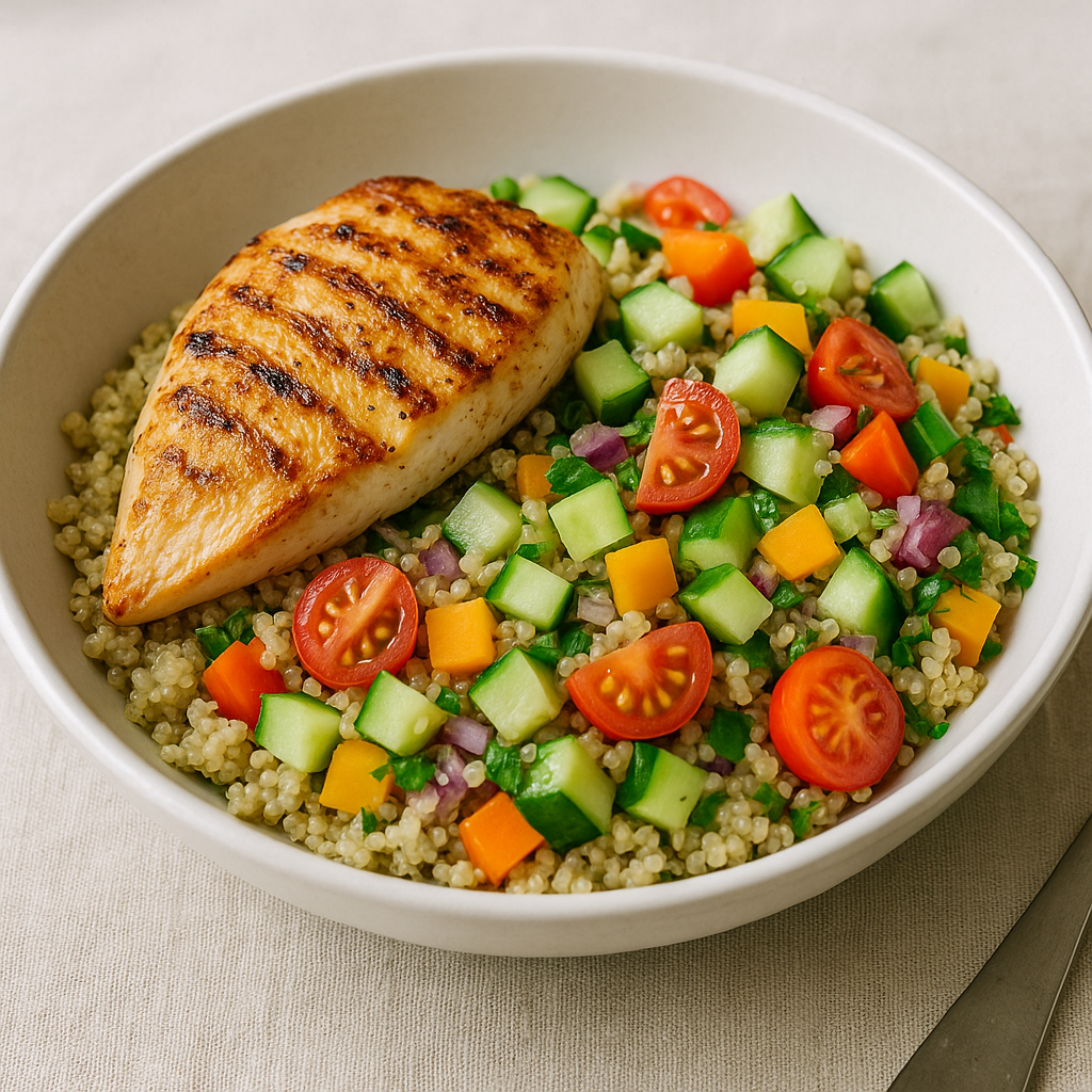 Spring Chicken and Quinoa Salad Bowl with Seasonal Vegetables