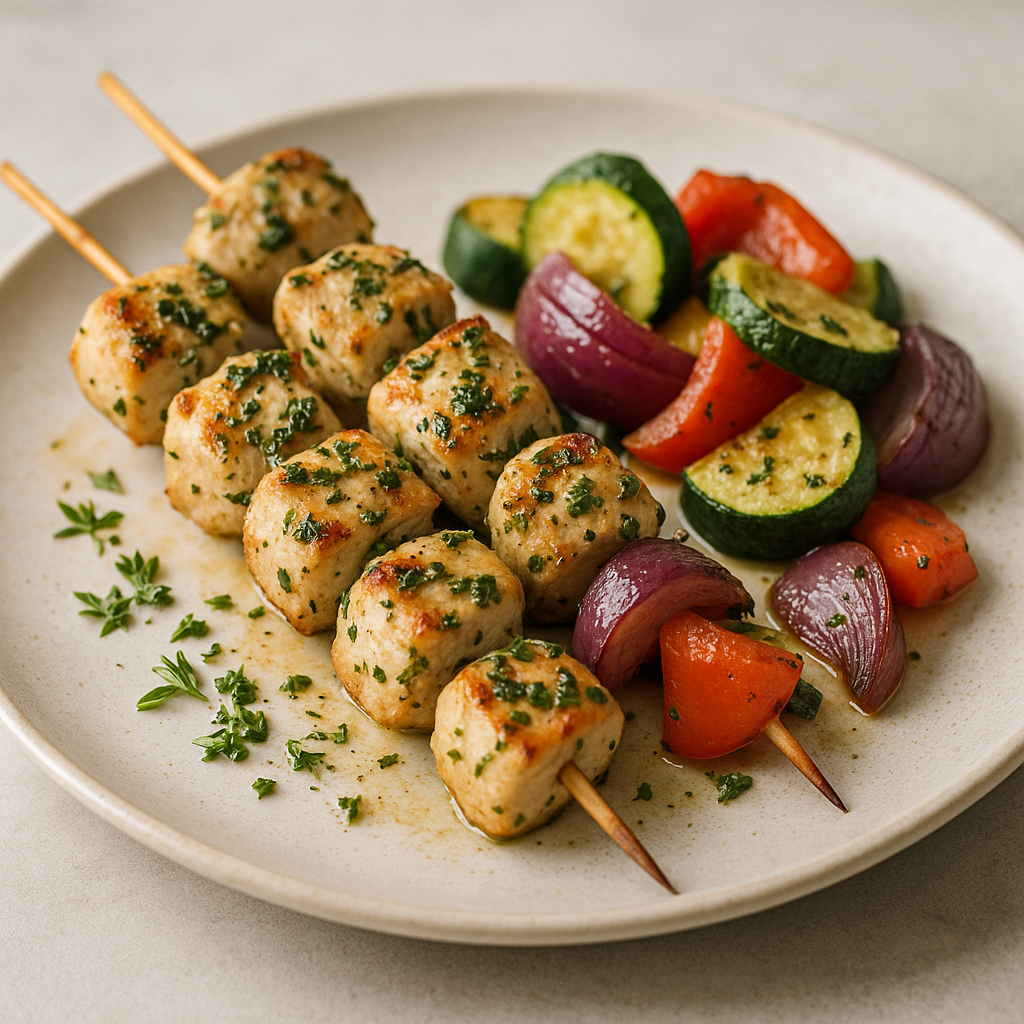 Grilled lemon herb chicken skewers with colorful vegetables.