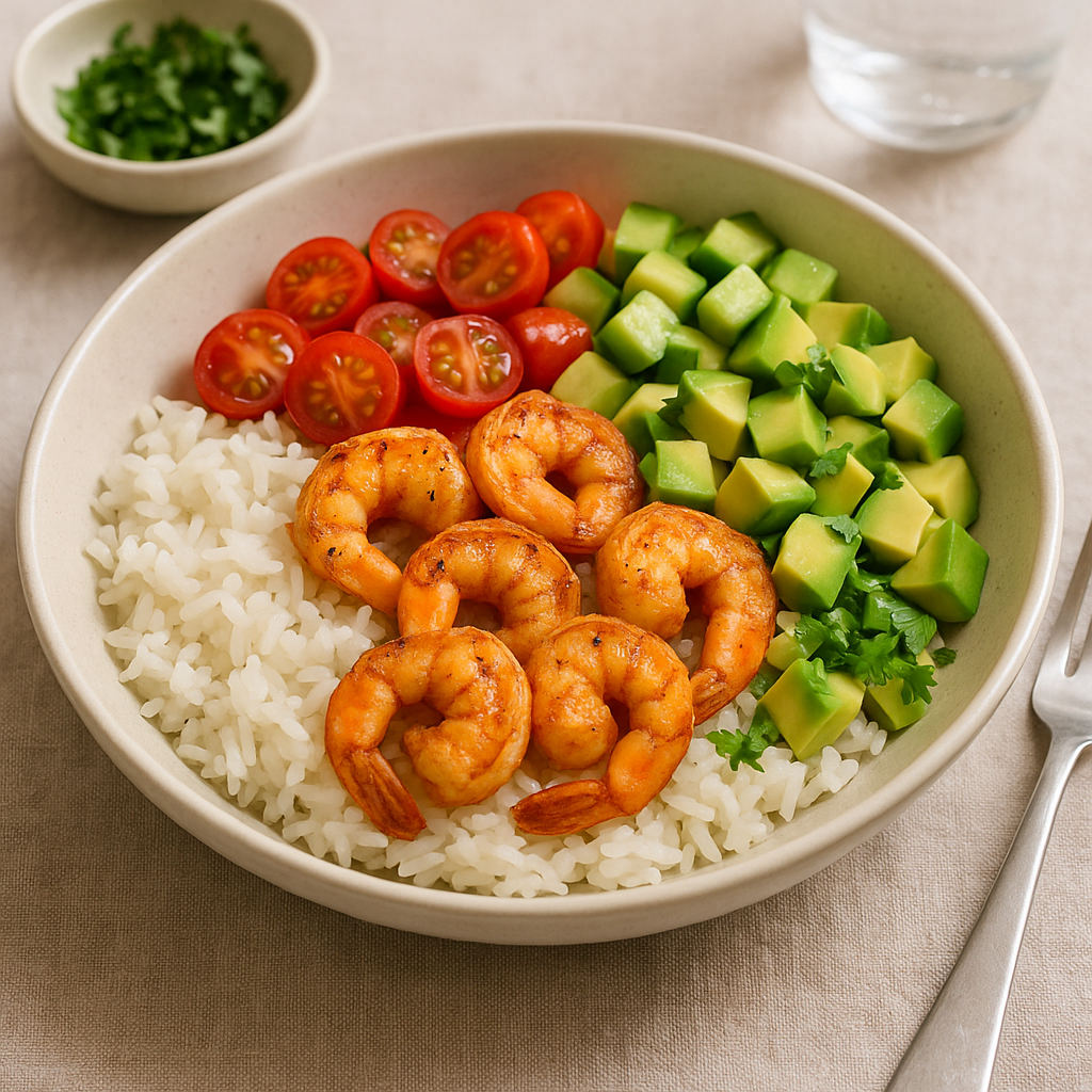 Spring Shrimp and Avocado Rice Bowls served in bowls.