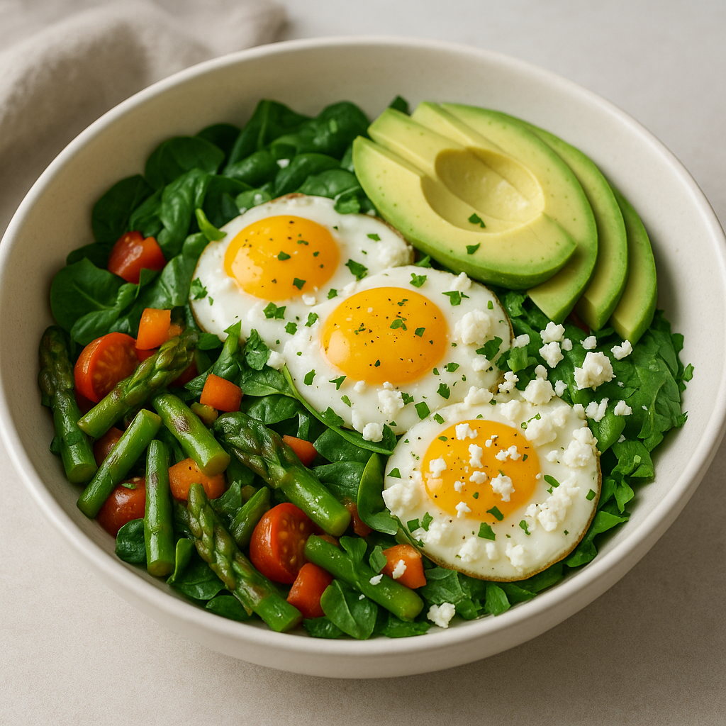 Spring Vegetable and Egg Breakfast Bowl with avocado and feta cheese.