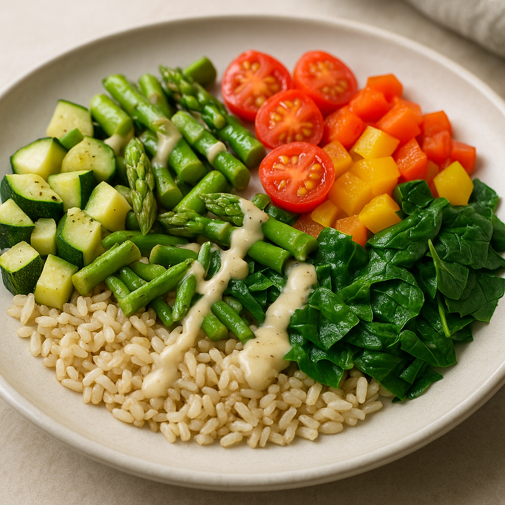 Spring Veggie and Brown Rice Bowl with Lemon Tahini Dressing