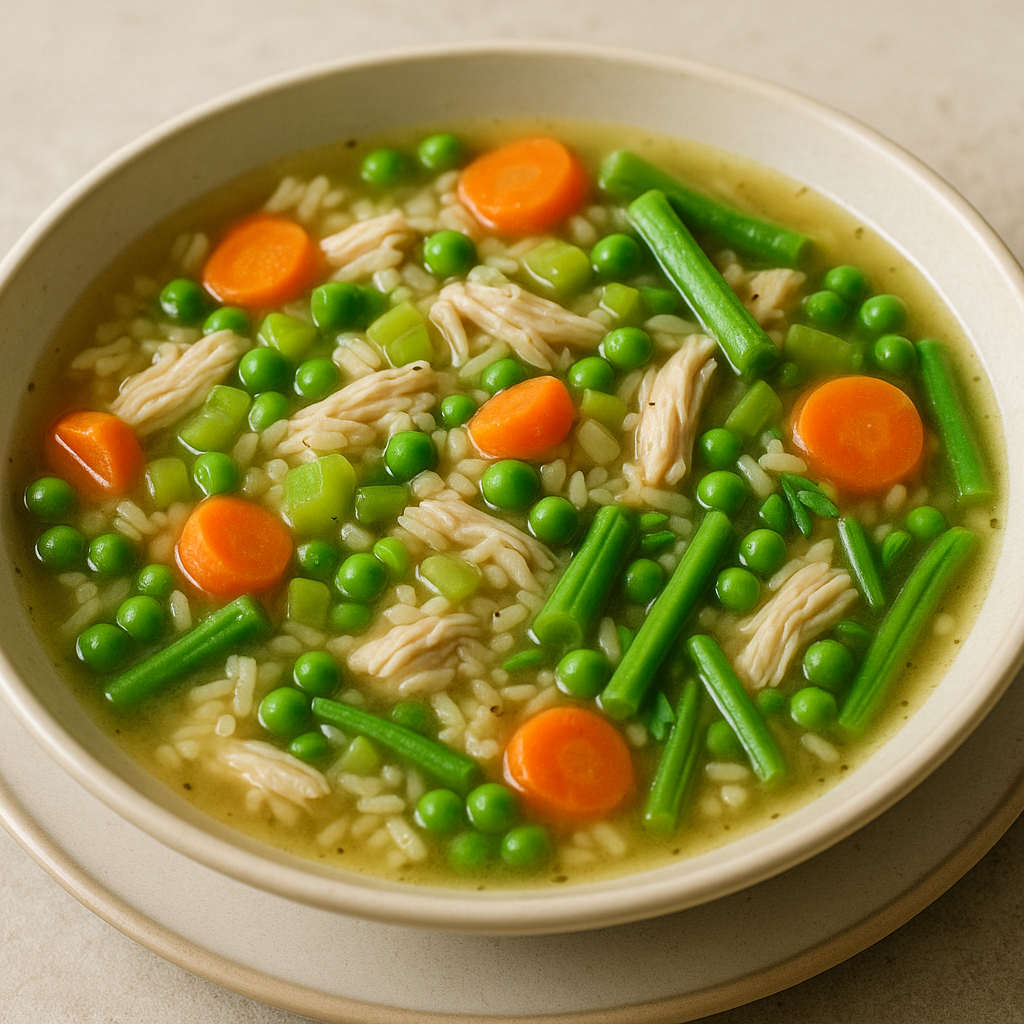 Bowl of Springtime Chicken and Rice Soup with fresh vegetables.